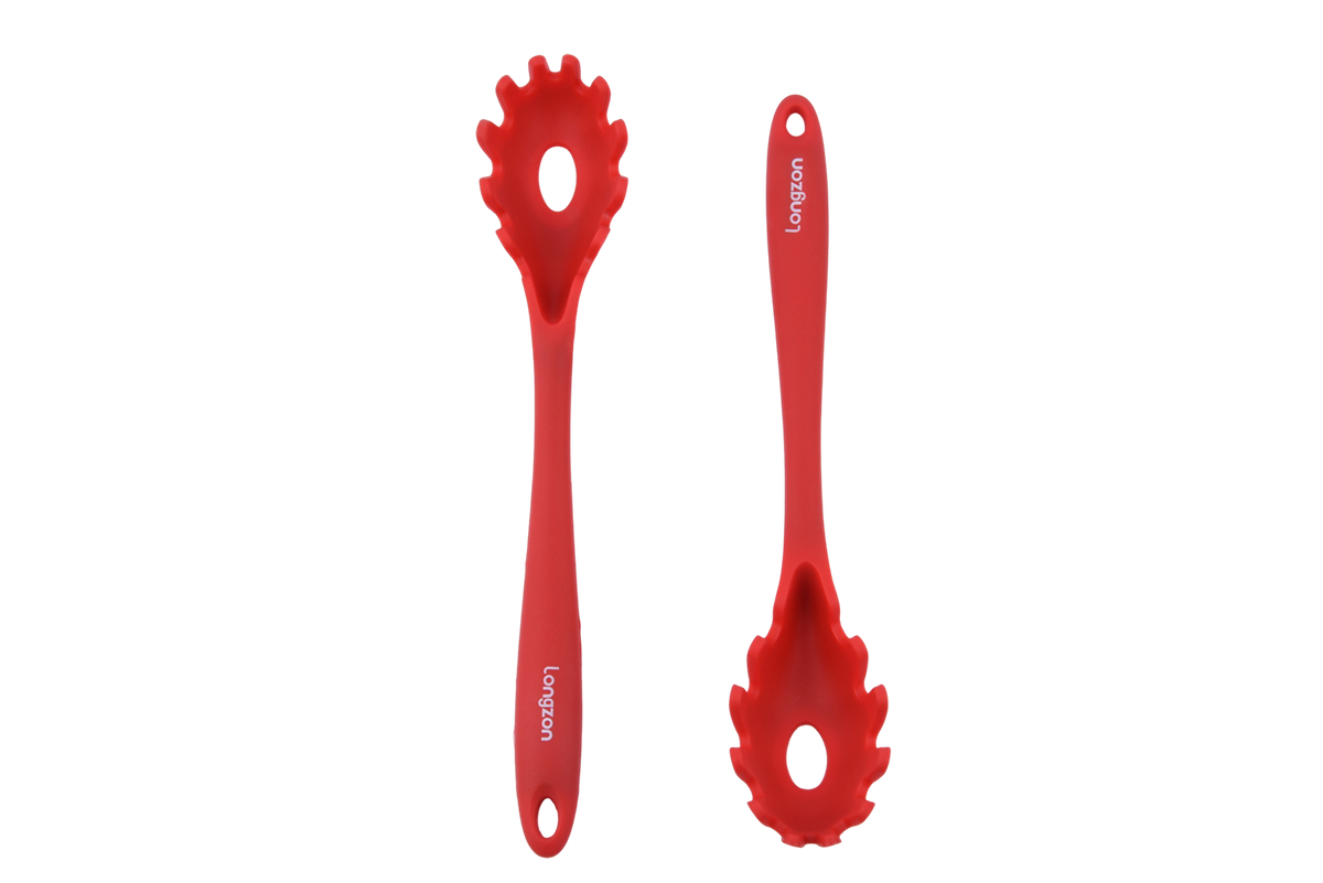 Longzon Silicone Spaghetti Server, Heat Resistant Pasta Fork Spoon with Long Handle, Non-Stick Food Grade Noodle Strainer for Kitchen Cooking and Serving, BPA-Free Kitchen Utensil, Dishwasher Safe