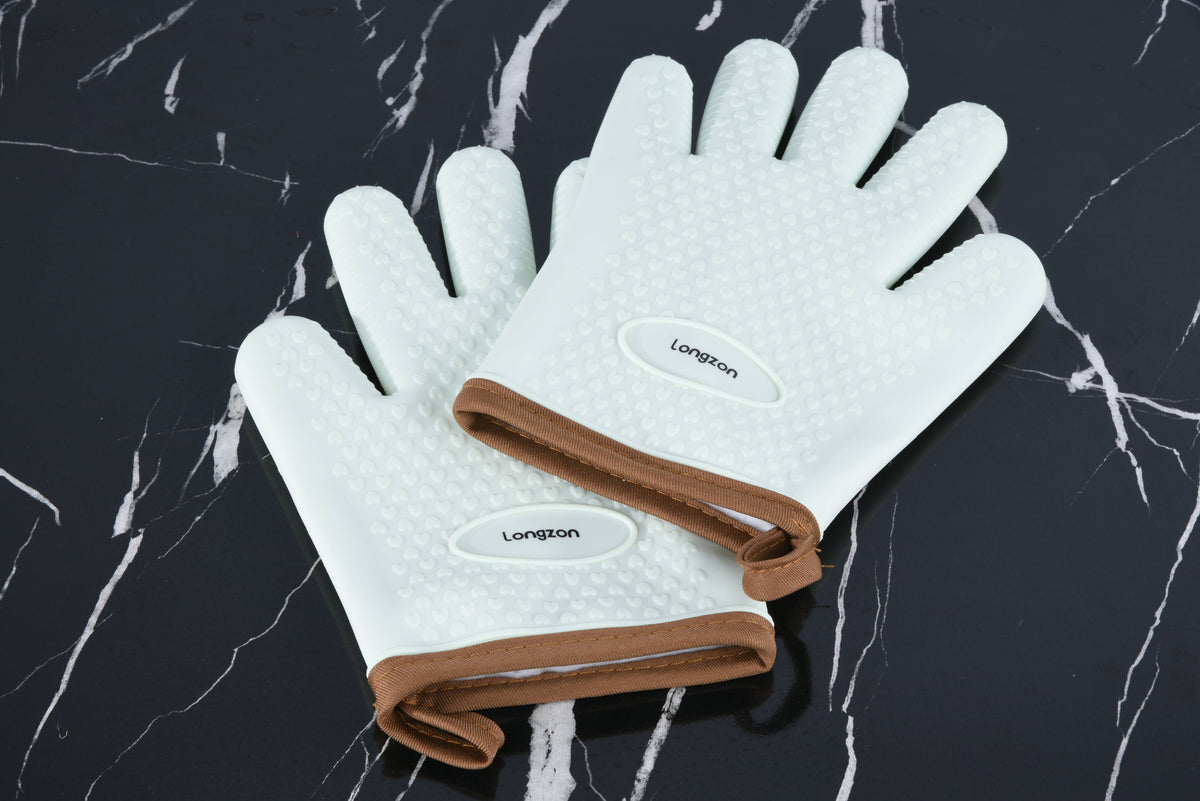 Longzon Silicone Heat Resistant Oven Gloves, Waterproof Non-Slip Grilling BBQ Mitts, Thickened Food Grade Silicone Pot Holders for Kitchen Cooking, Baking and Smoker, Easy to Clean, Mint Green