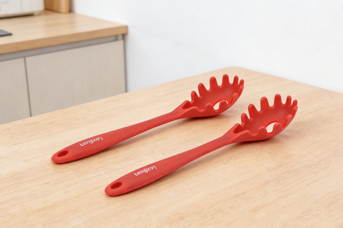 Longzon Silicone Spaghetti Server, Heat Resistant Pasta Fork Spoon with Long Handle, Non-Stick Food Grade Noodle Strainer for Kitchen Cooking and Serving, BPA-Free Kitchen Utensil, Dishwasher Safe
