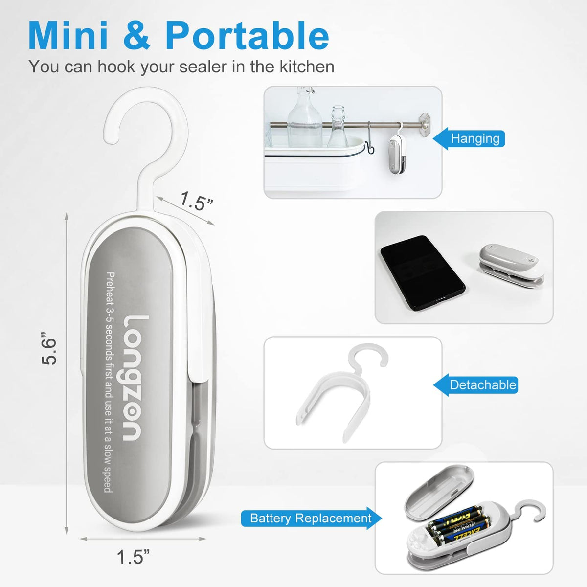 2-in-1 Bag Sealer, longzon Mini Handheld Vacuum Portable Sealer with Hook