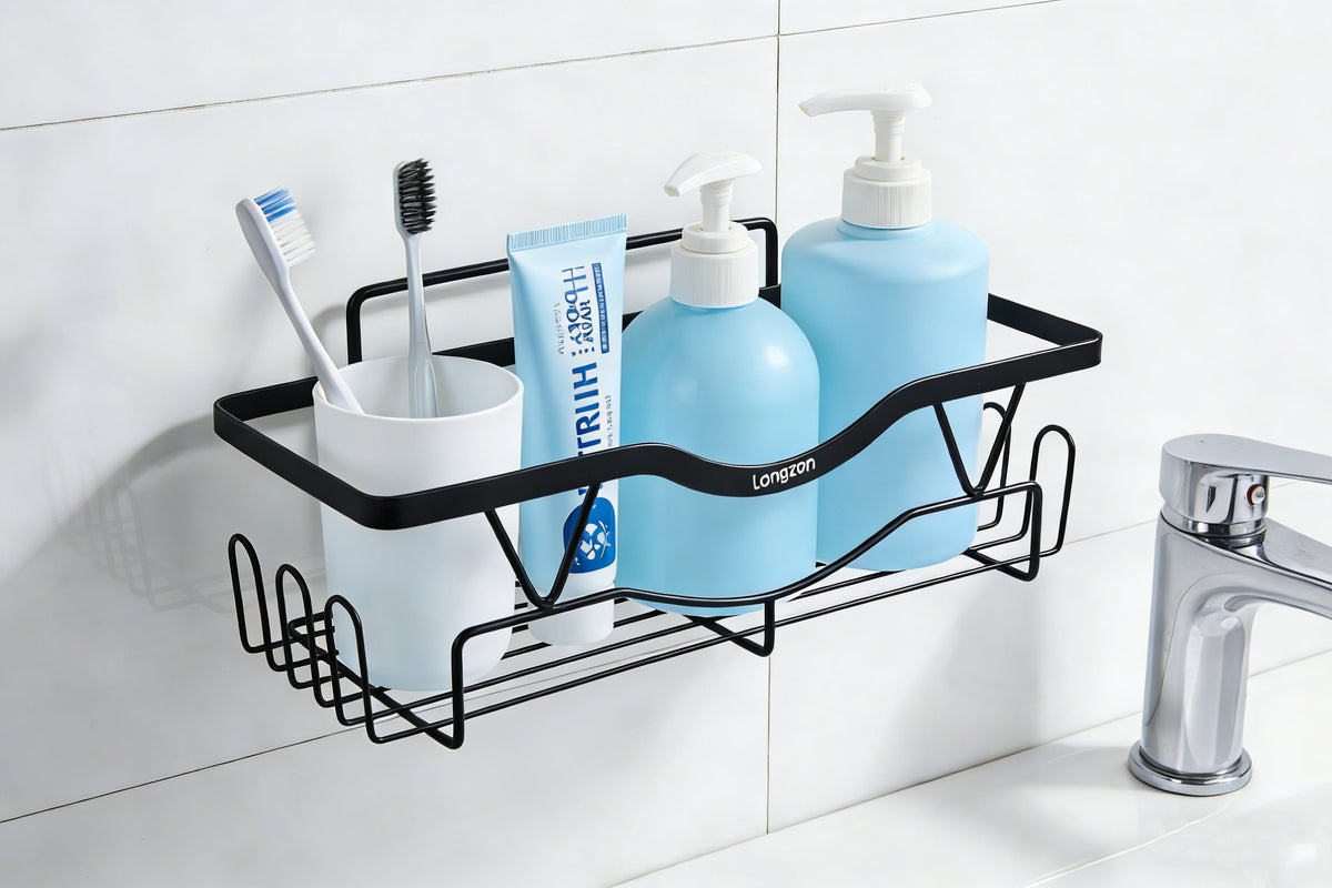 Longzon Sink Caddy Sponge Holder, Stainless Steel Kitchen Sink Organizer, Compact Dish Soap Drainer Rack with Removable Drip Tray, Rustproof Countertop Storage for Sponges and Brushes