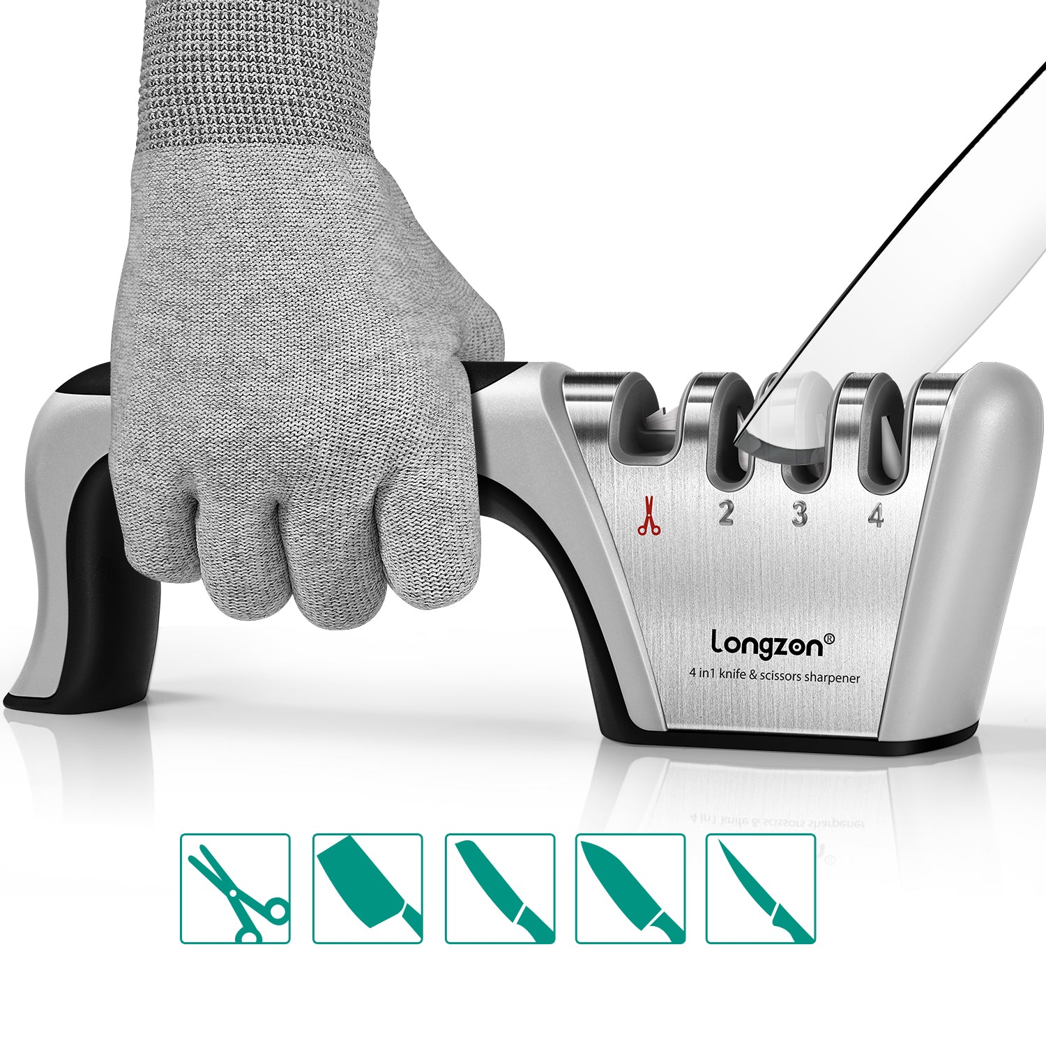 4-In-1 Longzon [4 Stage] Knife Sharpener with a Pair of Cut