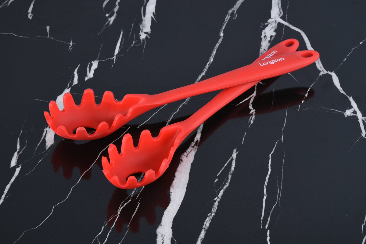 Longzon Silicone Spaghetti Server, Heat Resistant Pasta Fork Spoon with Long Handle, Non-Stick Food Grade Noodle Strainer for Kitchen Cooking and Serving, BPA-Free Kitchen Utensil, Dishwasher Safe