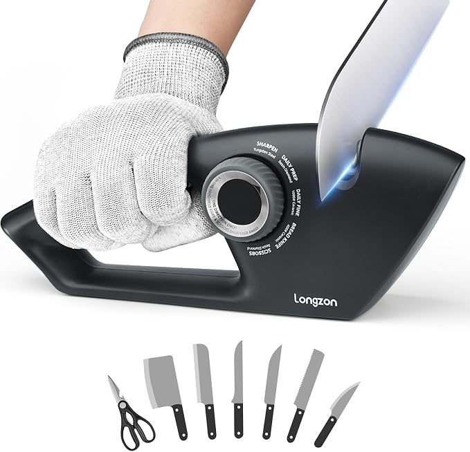 longzon Affilacoltelli Professionale, 5 in 1 Affila Coltelli da Cucin, Affilacoltelli Manuale per Coltelli Dritti, Coltelli da Cucina, Seghettati, Sicuro e Facile da Usare
