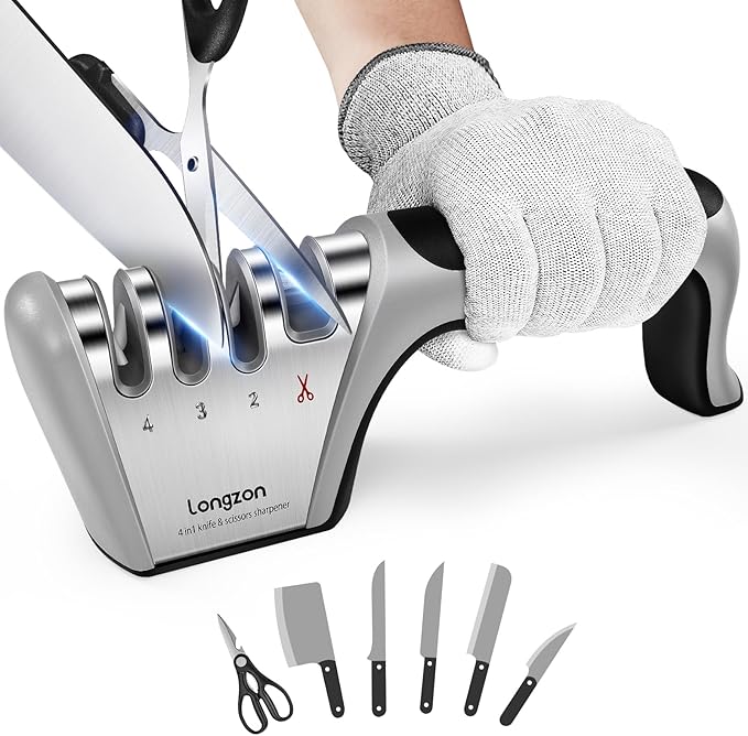longzon Affilacoltelli Professionale, 4 in 1 Affila Coltelli da Cucina con Due Guanti Antitaglio, Affilacoltelli Manuale per Coltelli Dritti, Forbici, Sicuro e Facile da Usare - Grigio
