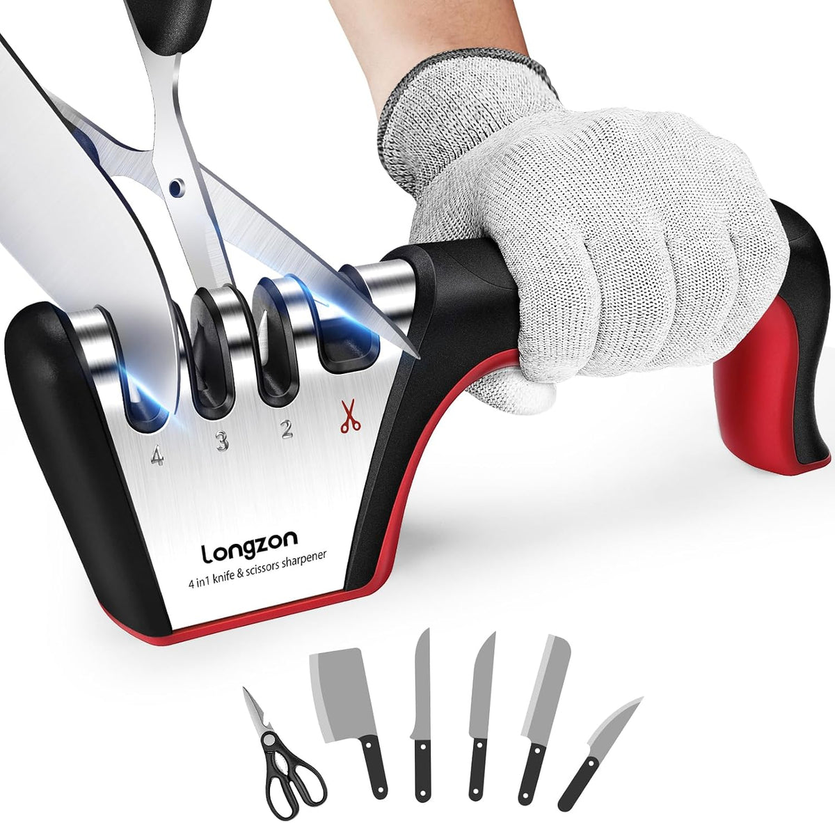 longzon 4 en 1 Afilador de Cuchillos Profesional para Cuchillos y Tijeras 2