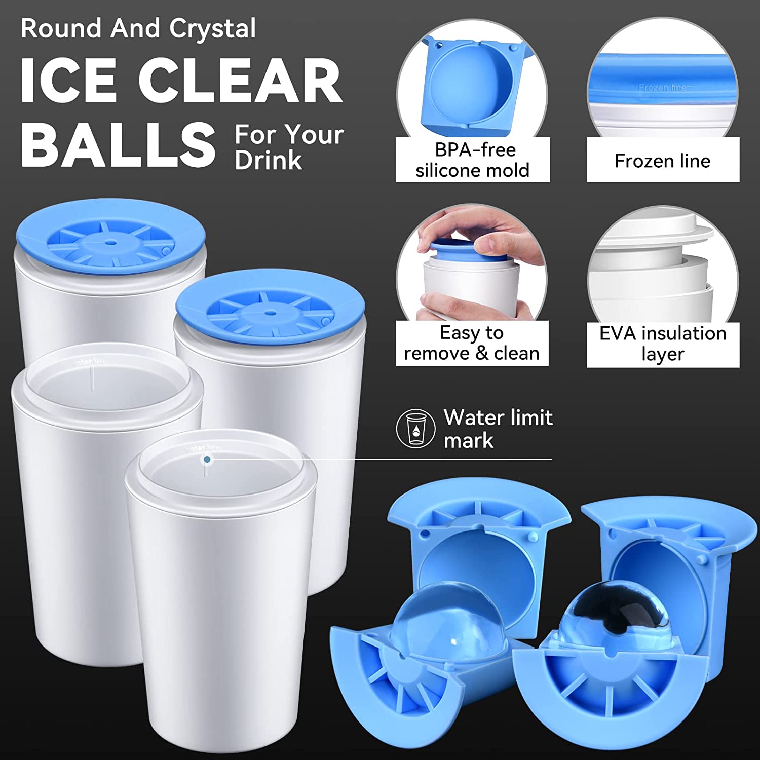 Silicone Freezer Press Sphere Ice Ball Maker Mold, 3 Pack for