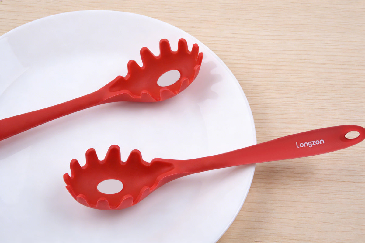 Longzon Silicone Spaghetti Server, Heat Resistant Pasta Fork Spoon with Long Handle, Non-Stick Food Grade Noodle Strainer for Kitchen Cooking and Serving, BPA-Free Kitchen Utensil, Dishwasher Safe