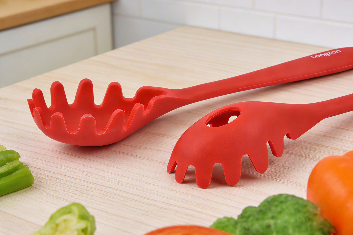 Longzon Silicone Spaghetti Server, Heat Resistant Pasta Fork Spoon with Long Handle, Non-Stick Food Grade Noodle Strainer for Kitchen Cooking and Serving, BPA-Free Kitchen Utensil, Dishwasher Safe