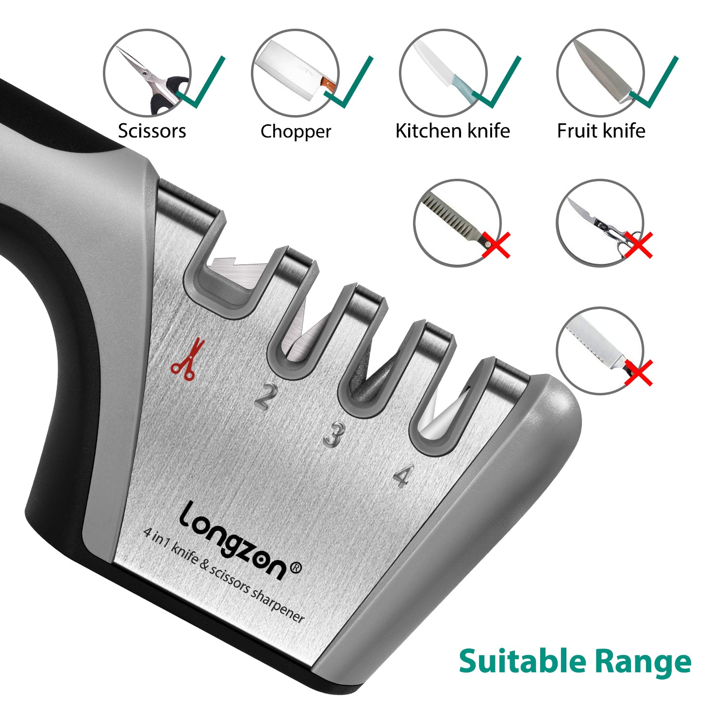 Knife Sharpeners for Kitchen Knives- Stainless Steel 4 in1 Kitchen Knife Sharpener - Ergonomic and Easy to Use Knife Sharpening Kit with 4 Stage